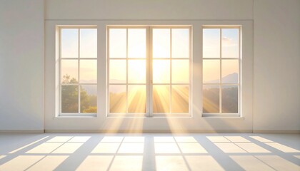 Sunlight streaming through a large window, casting long shadows across an empty, bright room