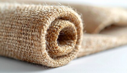 Close-up of a rolled-up burlap fabric with a textured weave and natural beige color, showcasing its rough and fibrous surface