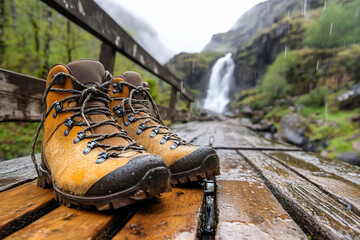 Hiking boots on a wet wooden path near a waterfall.