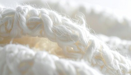 Close-up macro view of soft, warm, and cozy white knitted woolen fabric, showcasing the intricate texture and delicate threads perfect for comfort and warmth
