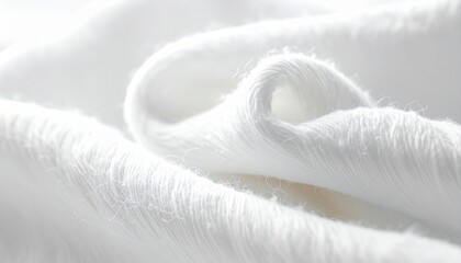 A captivating close-up of pristine white fabric, showcasing its incredibly soft, fluffy, and comforting texture with delicate fibers, suggesting purity and gentle luxury for a serene ambiance