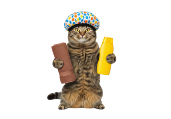 Fluffy domestic tabby cat standing upright in a colorful shower cap, holding a bath towel and shampoo bottle, on a transparent background with copy space, charming pet hygiene concept