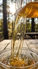 capture of a liquid as it is poured showcasing flowing movement and transparent texture against background