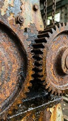 close up macro shot of two rusty old metal gears meshed together showing textures and oil
