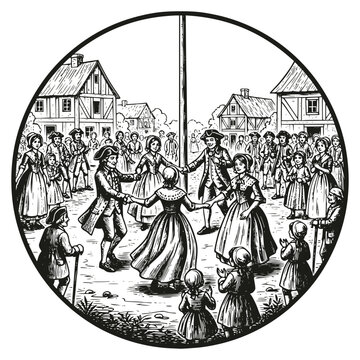 Vintage circular woodcut illustration of a colonial village festival. People in traditional attire dancing around a maypole in a town square. Historical black and white engraved art style.