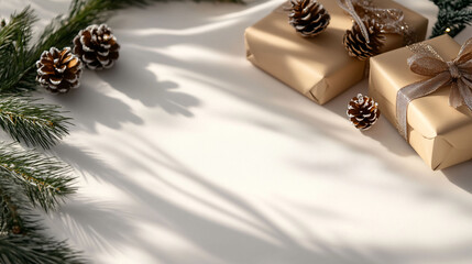 Holiday-themed image with gifts, pinecones, and greenery.