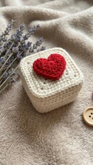 tiny crocheted gift box with a red heart on top placed on a soft neutral background