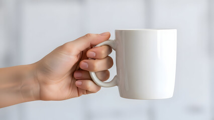 Obraz premium Showcasing a clean white mug held gently in a hand, perfect for displaying logos or designs in a modern and minimalist aesthetic, so clean and crisp.