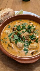 senegalese fish soup with coconut milk and spices served in bowl with fish pieces and herbs