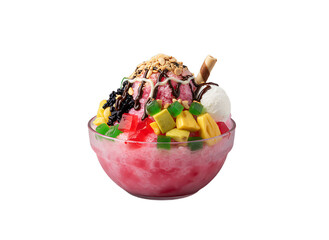Delicious and Colorful Shaved Ice Dessert with Tropical Fruit and Toppings