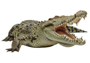 Formidable crocodile with textured green-brown scales, open jaws, sharp teeth, 3/4 view, isolated on a transparent studio background. Concept of wild danger