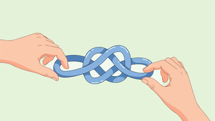 Two hands tying a blue rope knot on a light green background