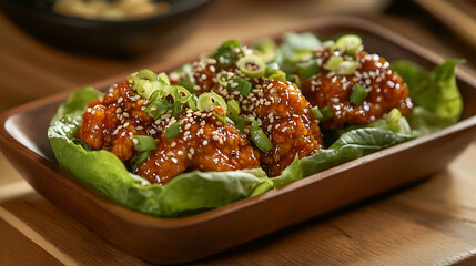 Honey Garlic Glazed Chicken Lettuce Cups Sesame Seeds Green Onions Asian Cuisine Food Photography