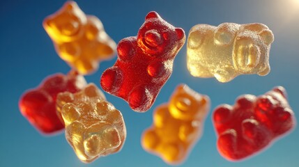 Vibrant Assortment of Floating Translucent Gummy Bears with Bright Sunlit Backdrop Against Clear Blue Sky Highlighting Colorful DetailsGummy bears