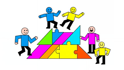 Collaborative Teamwork Concept: Stick figures assembling colorful jigsaw puzzle pieces and shapes, illustrating synergy, organizational foundation, and strategic problem-solving.