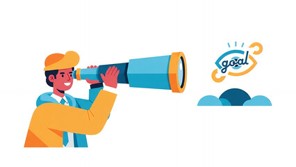 Businessman Focusing on Goal with Spyglass. Strategy, Future Vision, and Business Objectives Search.