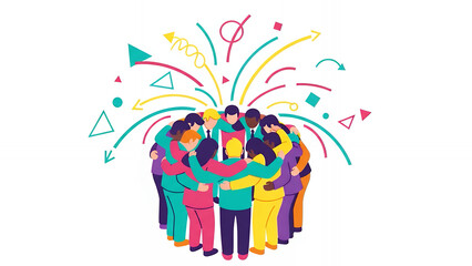 Diverse Team Hugging Circle Illustration. Unity, Inclusion, Collaboration, and Success Concept with Abstract Shapes.