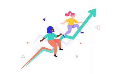Diverse Women Climbing Upward Trend Arrow Graph. Success, Business Growth, Teamwork, and Career Advancement Illustration on White Background.