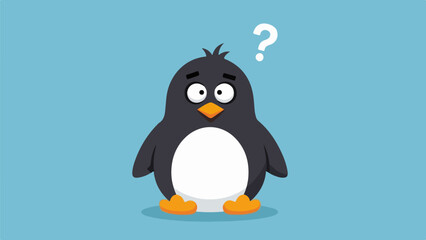 Naklejka premium Illustration of a penguin with a question mark above its head on a light blue background