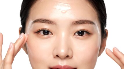 Close-up of a person's face with product being applied to forehead with fingers