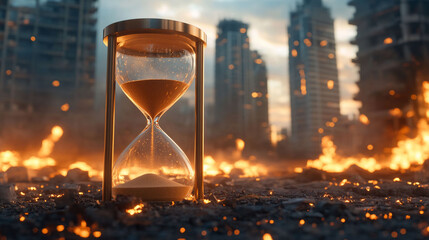 Hourglass in Burning Cityscape