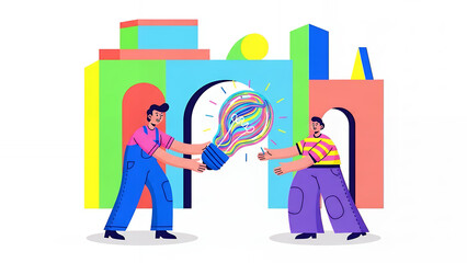 Business Collaboration and Idea Sharing. Abstract Flat Illustration of Teamwork, Creativity Transfer, and Innovation Concept with Colorful Lightbulb.