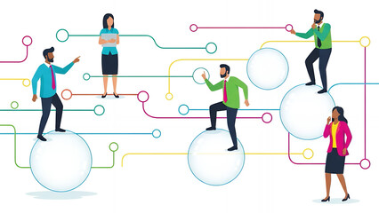 Global Business Network and Data Flow Concept. Diverse Team Working on Digital Technology Workflow and Organizational Structure.