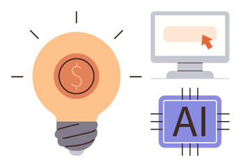 Lightbulb with dollar sign, desktop with a pointer, and AI microchip. Ideal for technology, innovation, finance, AI, creativity business solutions digital transformation. Simple flat metaphor © robu_s