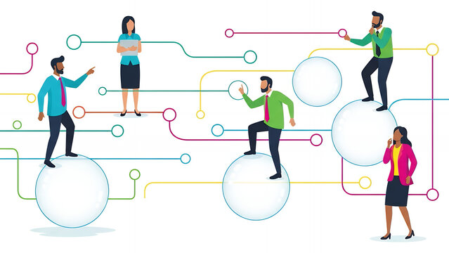 Global Business Network and Data Flow Concept. Diverse Team Working on Digital Technology Workflow and Organizational Structure. - Powered by Adobe