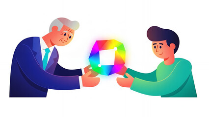 Business Partnership and Innovation Exchange: Two men holding a glowing multicolored polygonal asset (Gem/NFT/Data). Vector illustration.