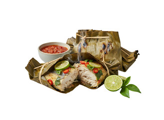 Delicious Grilled Fish Wrapped in Banana Leaf with Chili Sauce Dish