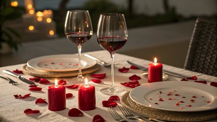 Elegant dinner table setting with candles and wine