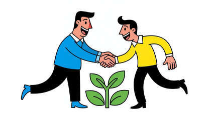 Two Businessmen Shaking Hands Over a Plant Sprout: Partnership for Sustainable Development and Green Business Growth Agreement Vector