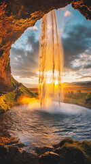 Iceland Waterfall Sunset Golden Hour Dramatic Nature Landscape