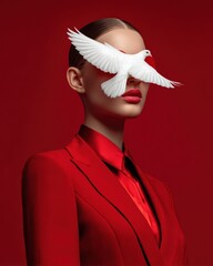 Conceptual Portrait of Elegant Woman in Red Suit with White Dove Covering Eyes in Dramatic Monochrome Red BackdropFashion