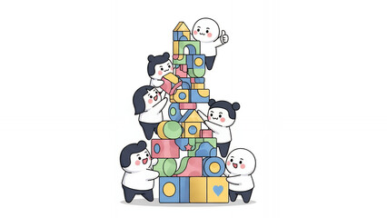 Kawaii Teamwork: Cute Characters Building a Tall Tower of Colorful Toy Blocks. Collaborative Construction and Childhood Education Vector Illustration.
