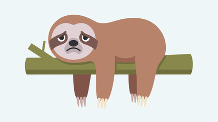 Fototapeta premium Playful cartoon illustration of a light brown sloth hanging from a green branch