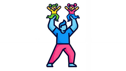 Happy Father Holding Up Two Excited Children Above His Head. Family Joy, Parenting, and Protection Icon.