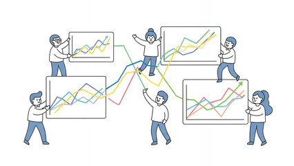 Business Team Collaboration Analyzing Connected Line Graphs. Data Management, Financial Growth, and Success Visualization.