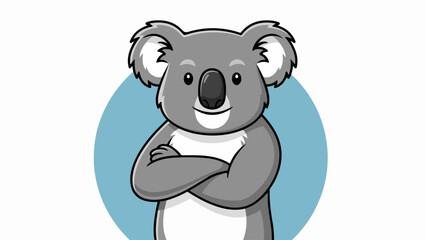 Fototapeta premium Playful cartoon koala with crossed arms and friendly smile on light blue circular background