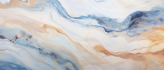 Abstract fluid art background with swirling blue white and tan colors creating a marble effect
