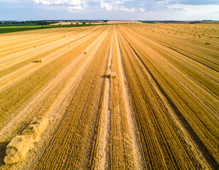 Aerial view of golden wheat fields after harvest, with hay bales scattered across the landscape, highlighting agricultural textures and rural scenery.