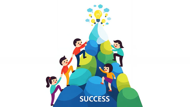 Teamwork Climbing the Mountain of Success to Reach Innovative Idea Lightbulbs. Vector illustration of collaboration and business achievement goal.