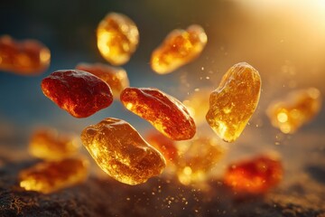 Vibrant Sunlit Amber Gems Floating Mid-Air with Dynamic Light Reflections and Warm Golden Tones in a Natural Outdoor SettingAmber