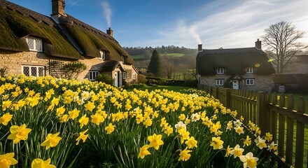 Thatched Cottages and Daffodils in the Cotswolds, England.