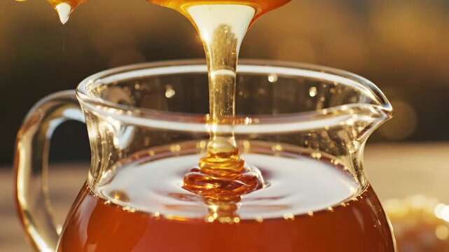 Golden Honey Drips into a Glass Pitcher in Slow Motion