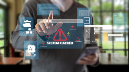 A person touches a virtual screen displaying a System Hacked warning with red alert icons and data windows, illustrating a cyber attack concept in a modern digital environment.