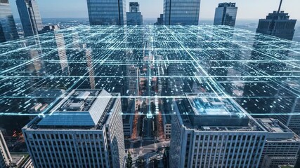 A high-angle, futuristic composite shows a modern downtown cityscape overlaid with a glowing blue digital grid, symbolizing ai processing urban data. - Powered by Adobe