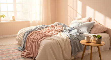Obraz premium Cozy bedroom interior with soft pastel blankets and pillows natural light and plants on a side table