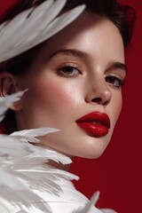 Portrait of Elegant Woman with Vibrant Red Lips and Feathered Accessories on Striking Red Background, Highlighting Classical Beautyfeminine beauty